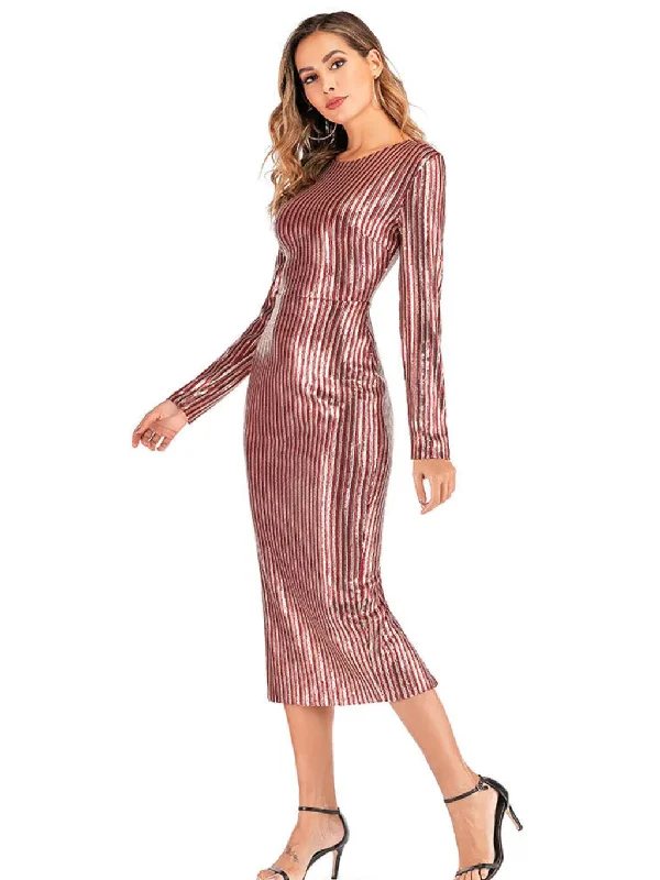 TastyHottie - V-NECK STRIPED SEQUINED LONG-SLEEVED DRESS