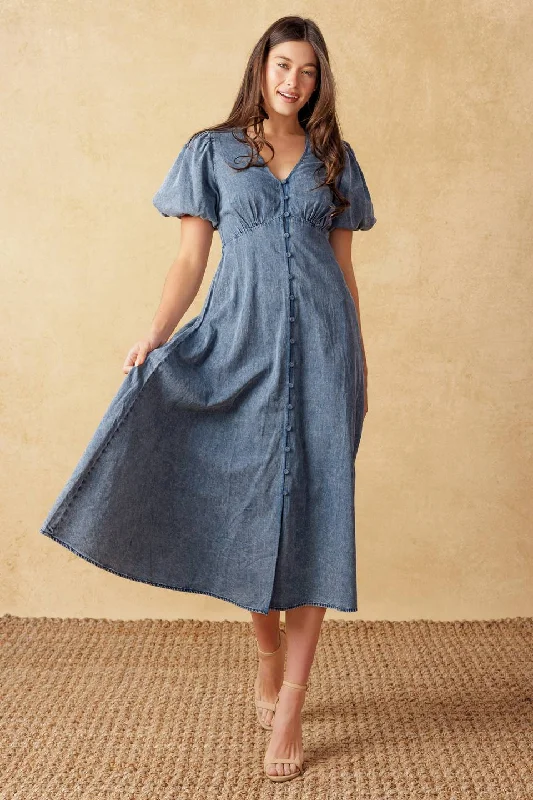 FOREVER MINE LIGHT WEIGHT DENIM MIDI DRESS