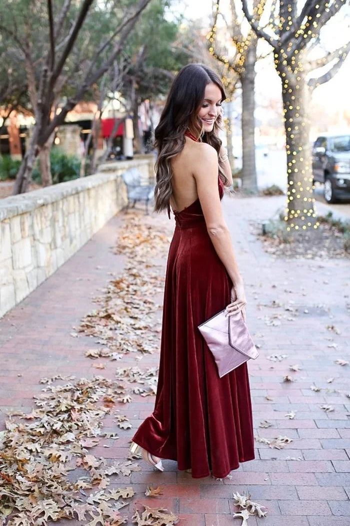 Bridesmaid Dresses Elegant A-Line Halter Backless Burgundy Velvet Long