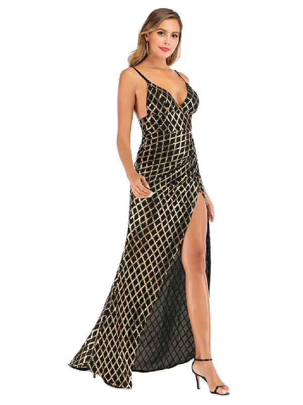 TastyHottie - SLING V-NECK BLACK AND GOLD PLAID SEQUINED LONG DRESS