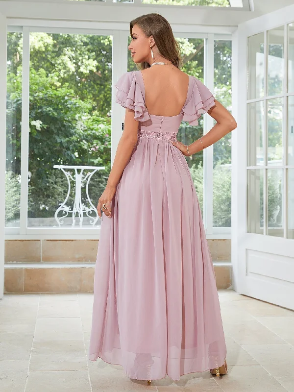 TastyHottie - Pink Chiffon Sweetheart Layered Sleeve Maxi Dress