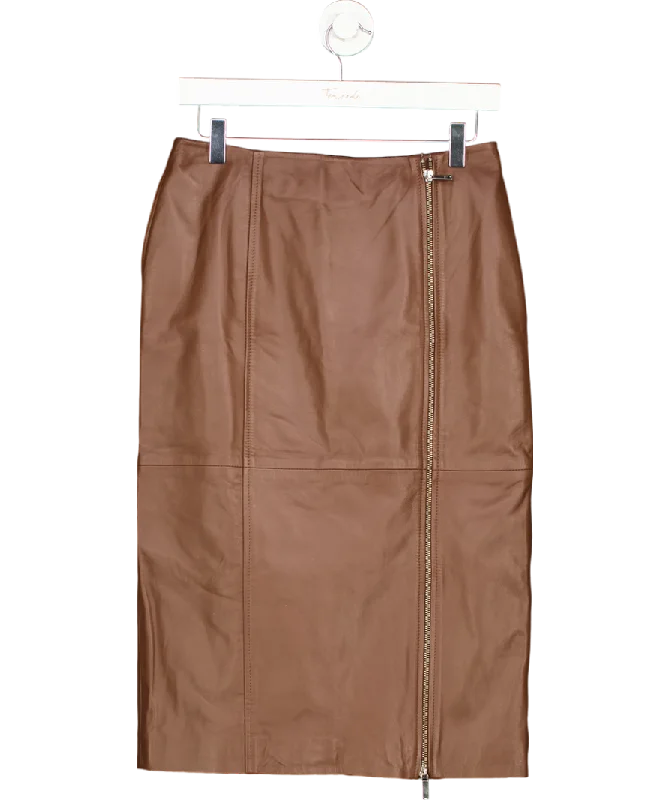 Karen Millen Brown Leather Double Zip Pencil Midi Skirt UK 10